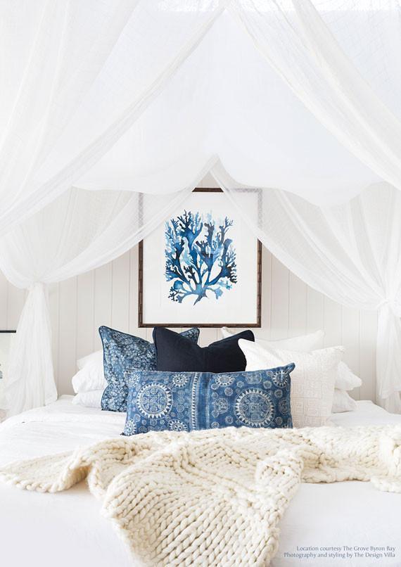 Wall Art In Bedroom - Seaweed Coral Print in Indigo blue in coastal bedroom - driftwood interiors