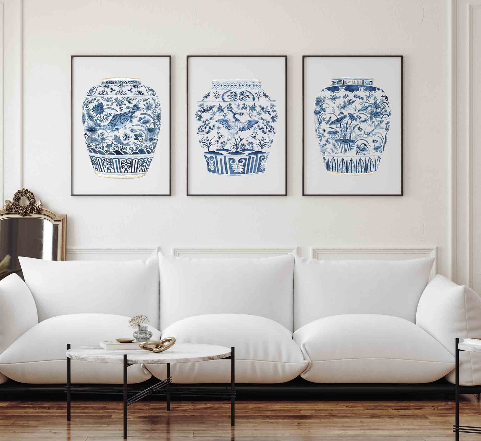 Set of 3 Wall Art Prints - 3 Piece Set - Denim Ginger Jar Print Set by Driftwood Interiors