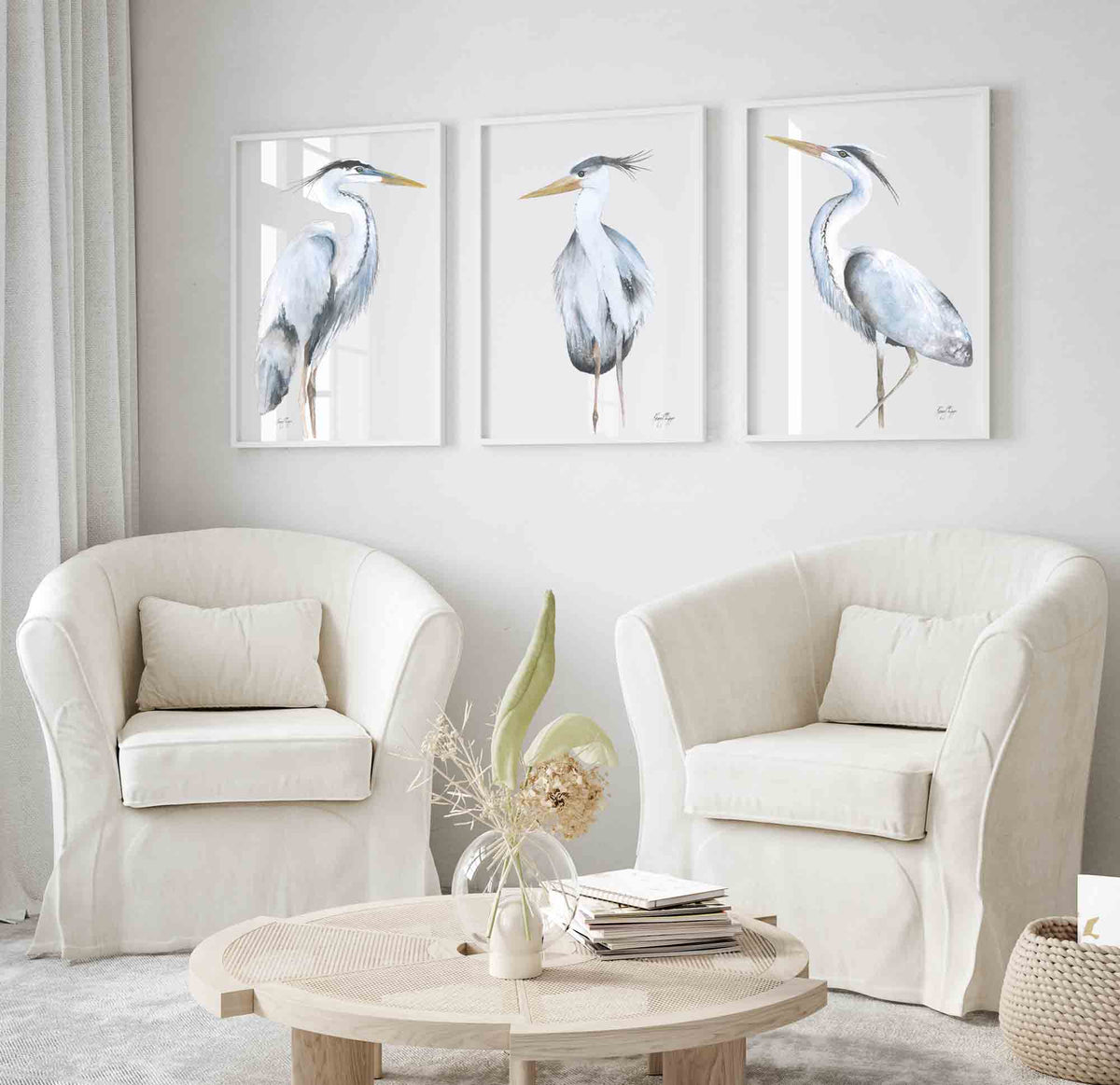 Set of 3 Great Blue Heron Wall Art Prints | Watercolour Bird Set in Study | Driftwood Interiors
