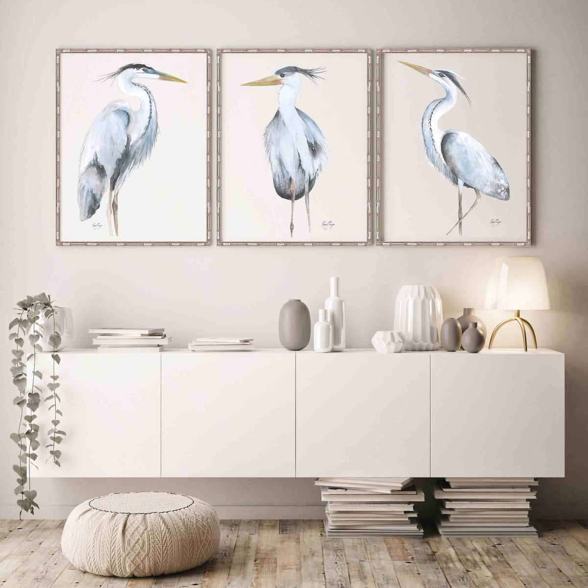 Set of 3 Great Blue Heron Wall Art Prints | Watercolour Bird Set in Entryway | Driftwood Interiors