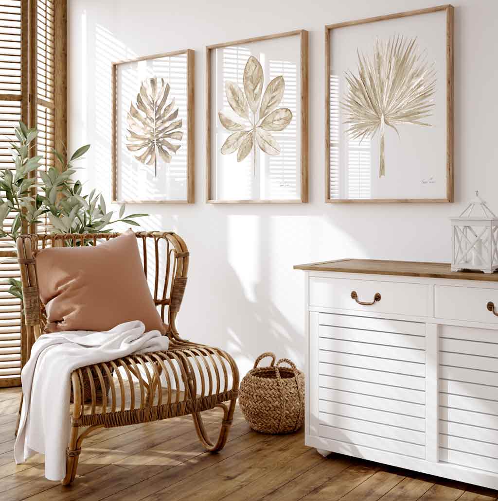 Set of 3 Wall Art Prints | Tropical Leaf 3 Piece Set in Natural | Driftwood Interiors