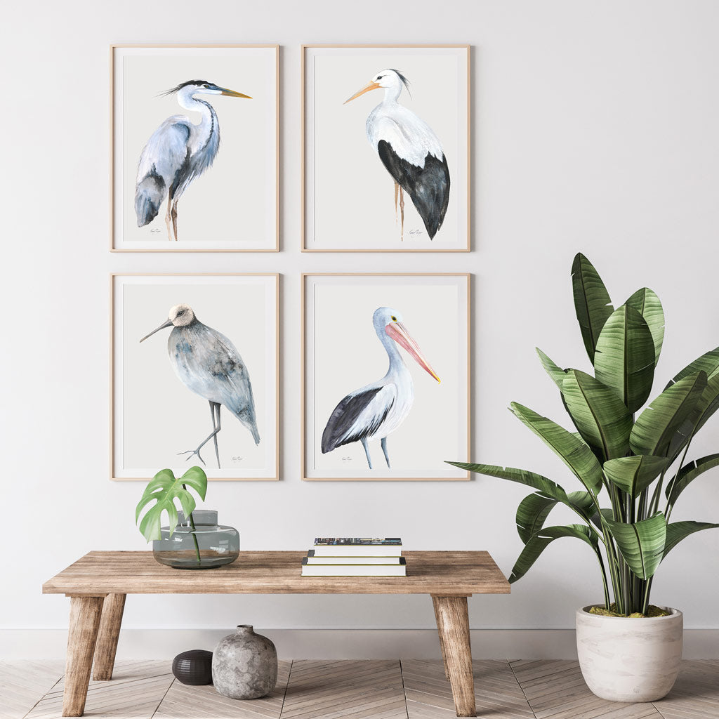 Set of 4 Wall Art Prints - 4 Piece Set of Bird Prints with antique Background - Driftwood Interiors