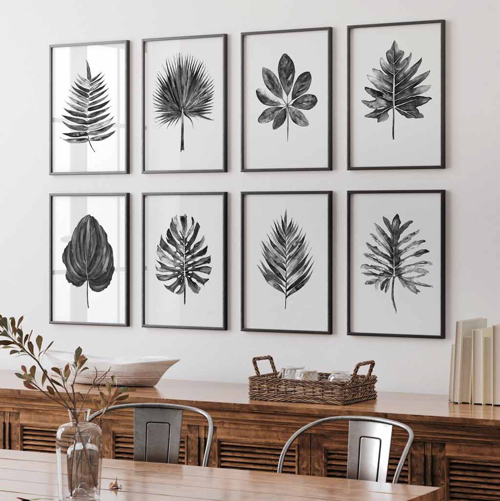 Set of 8 Wall Art Prints | Tropical Leaf Print Bundle in Charcoal