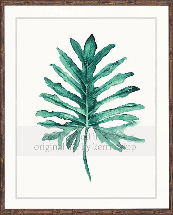 Tropical Art  - Tropical Leaf II in Emerald Green in brown bamboo frame - Driftwood Interiors