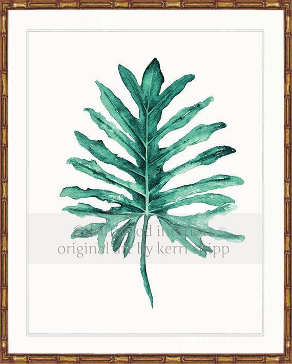 Tropical Art  - Tropical Leaf II in Emerald Green in gold bamboo frame - Driftwood Interiors