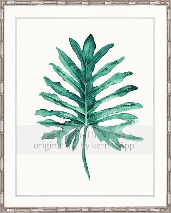 Tropical Art  - Tropical Leaf II in Emerald Green in silver bamboo frame - Driftwood Interiors