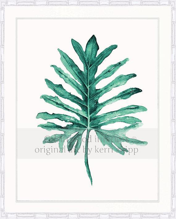 Tropical Art  - Tropical Leaf II in Emerald Green in white bamboo frame - Driftwood Interiors
