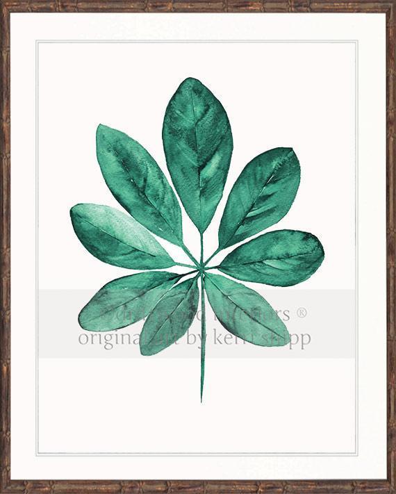 Tropical Art  - Tropical Leaf Print in Emerald Green in brown bamboo frame - Driftwood Interiors