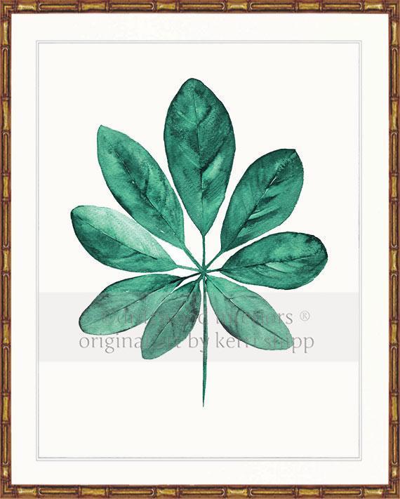 Tropical Art  - Tropical Leaf Print in Emerald Green in gold bamboo frame - Driftwood Interiors
