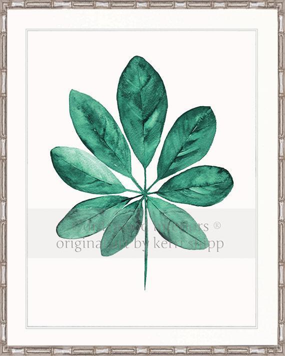 Tropical Art  - Tropical Leaf Print in Emerald Green in silver bamboo frame - Driftwood Interiors
