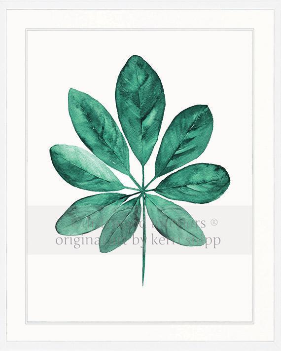 Tropical Art  - Tropical Leaf Print in Emerald Green in white timber frame - Driftwood Interiors