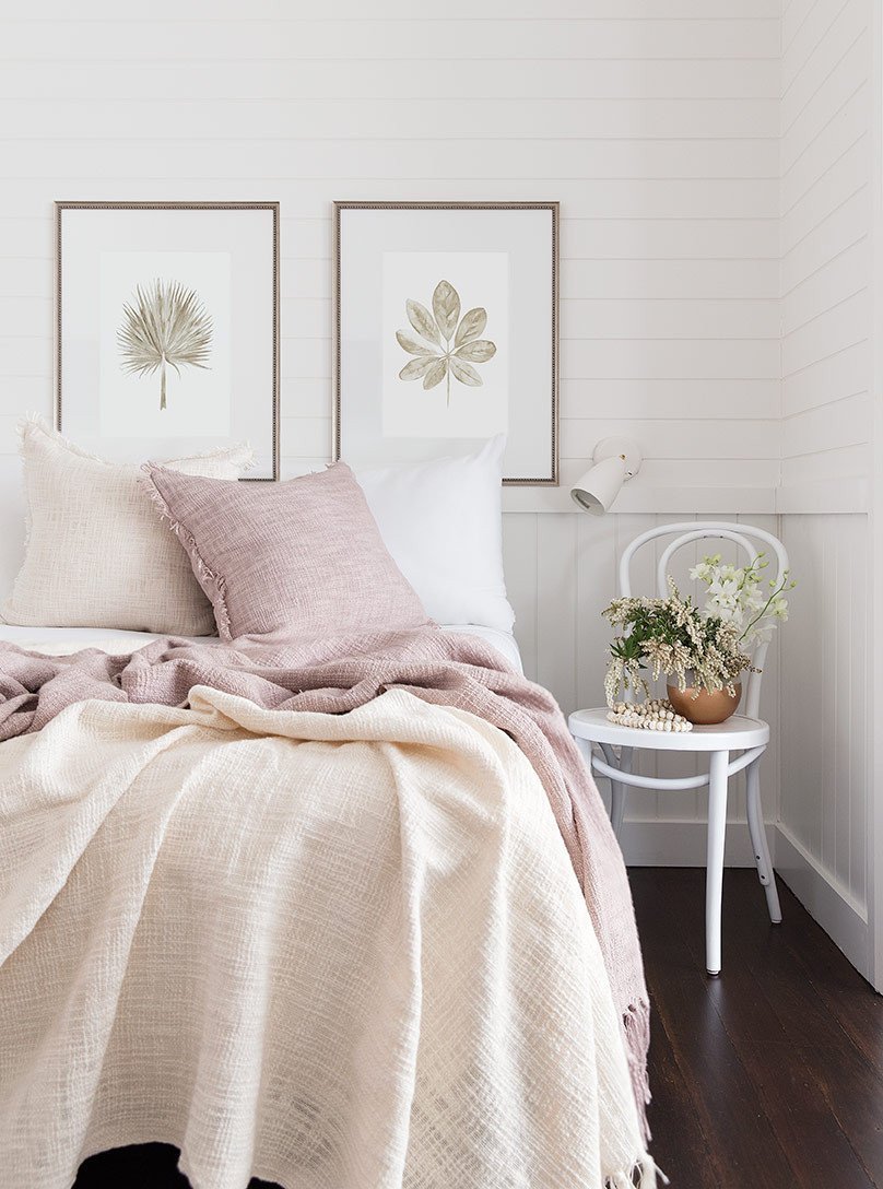 Wall Art In Bedroom - Tropical Leaf Framed Prints in Hamptons style home - Driftwood Interiors