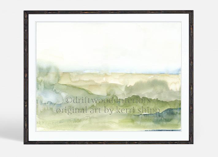 Abstract wall art of landscape in green in black bamboo frame by Kerri Shipp Driftwood Interiors 