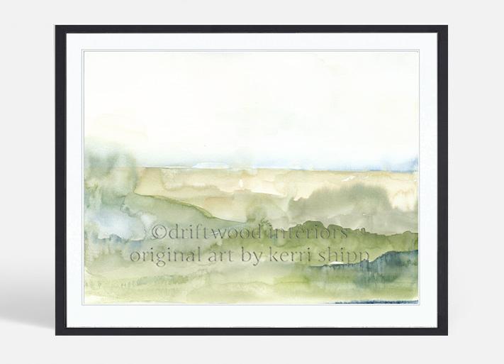 Abstract wall art of landscape in green in black timber frame by Kerri Shipp Driftwood Interiors 