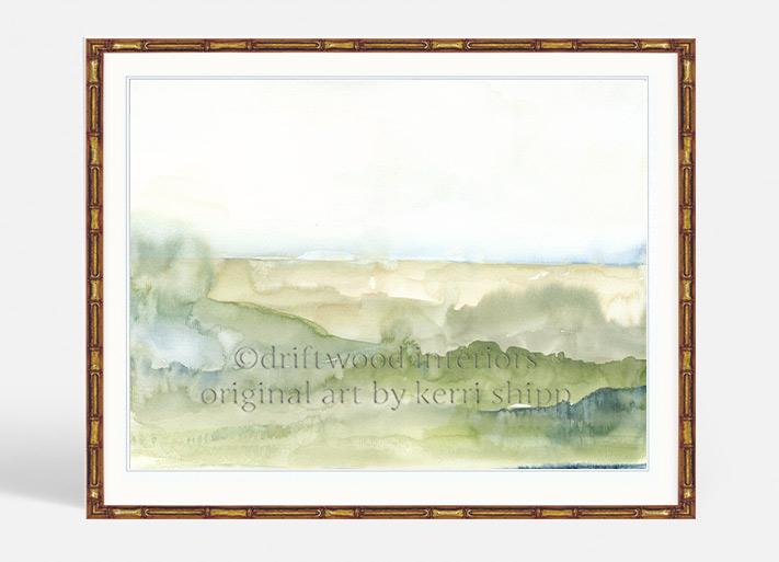 Abstract wall art of landscape in green in gold bamboo frame by Kerri Shipp Driftwood Interiors 