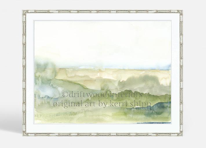 Abstract wall art of landscape in green in silver bamboo frame by Kerri Shipp Driftwood Interiors 