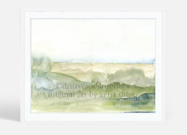 Abstract wall art of landscape in green in white timber frame by Kerri Shipp Driftwood Interiors 