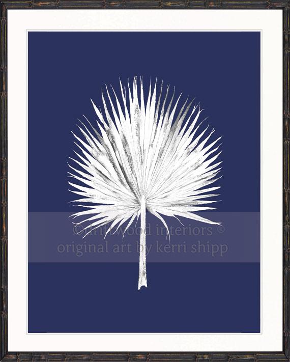 White Fan Palm Print on Denim Background