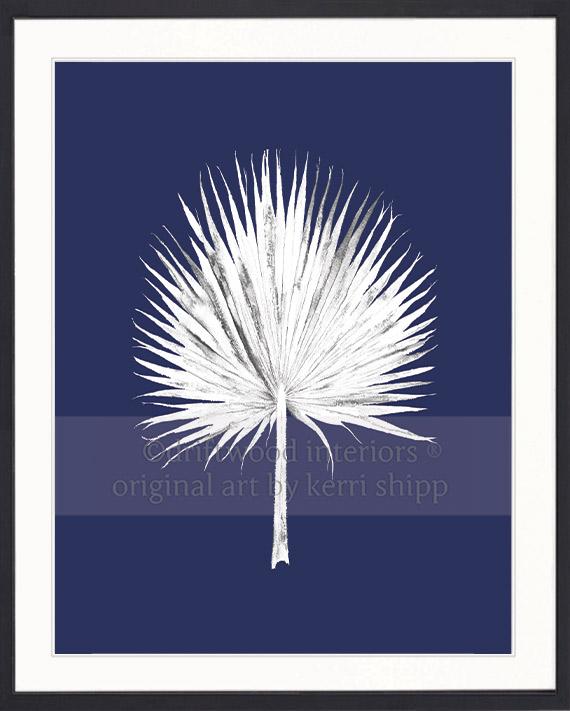 White Fan Palm Print on Denim Background