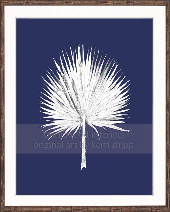 White Fan Palm Print on Denim Background