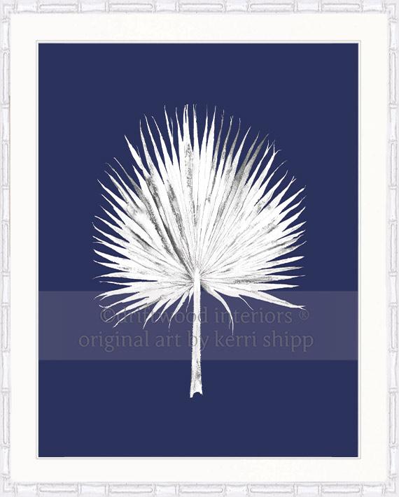 White Fan Palm Print on Denim Background