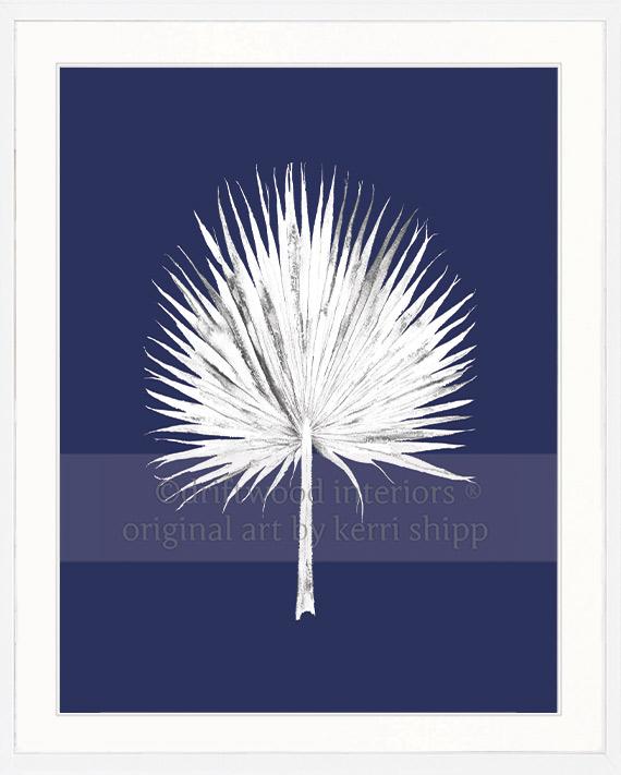 White Fan Palm Print on Denim Background