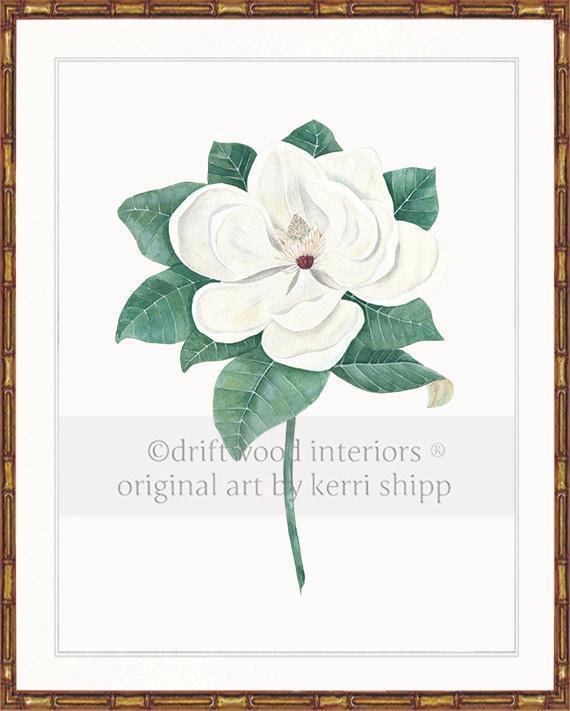 Magnolia flower print in gold bamboo frame Driftwood Interiors