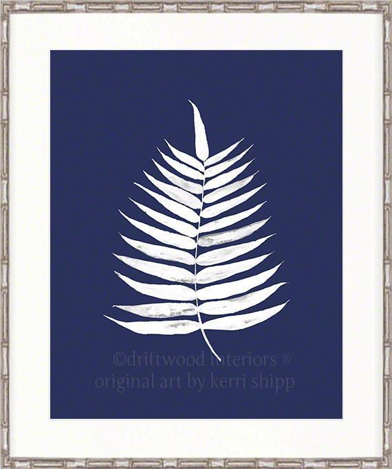 White Palm Leaf Print on Denim Background - Driftwood Interiors
