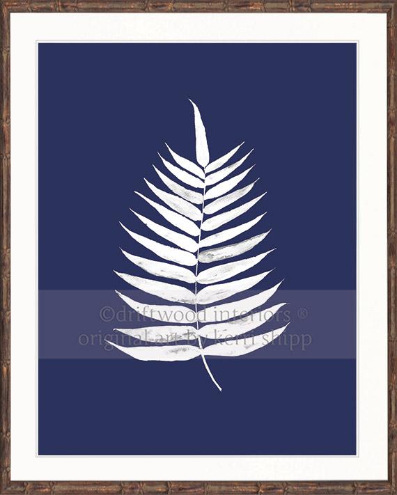 White Palm Leaf Print on Denim Background